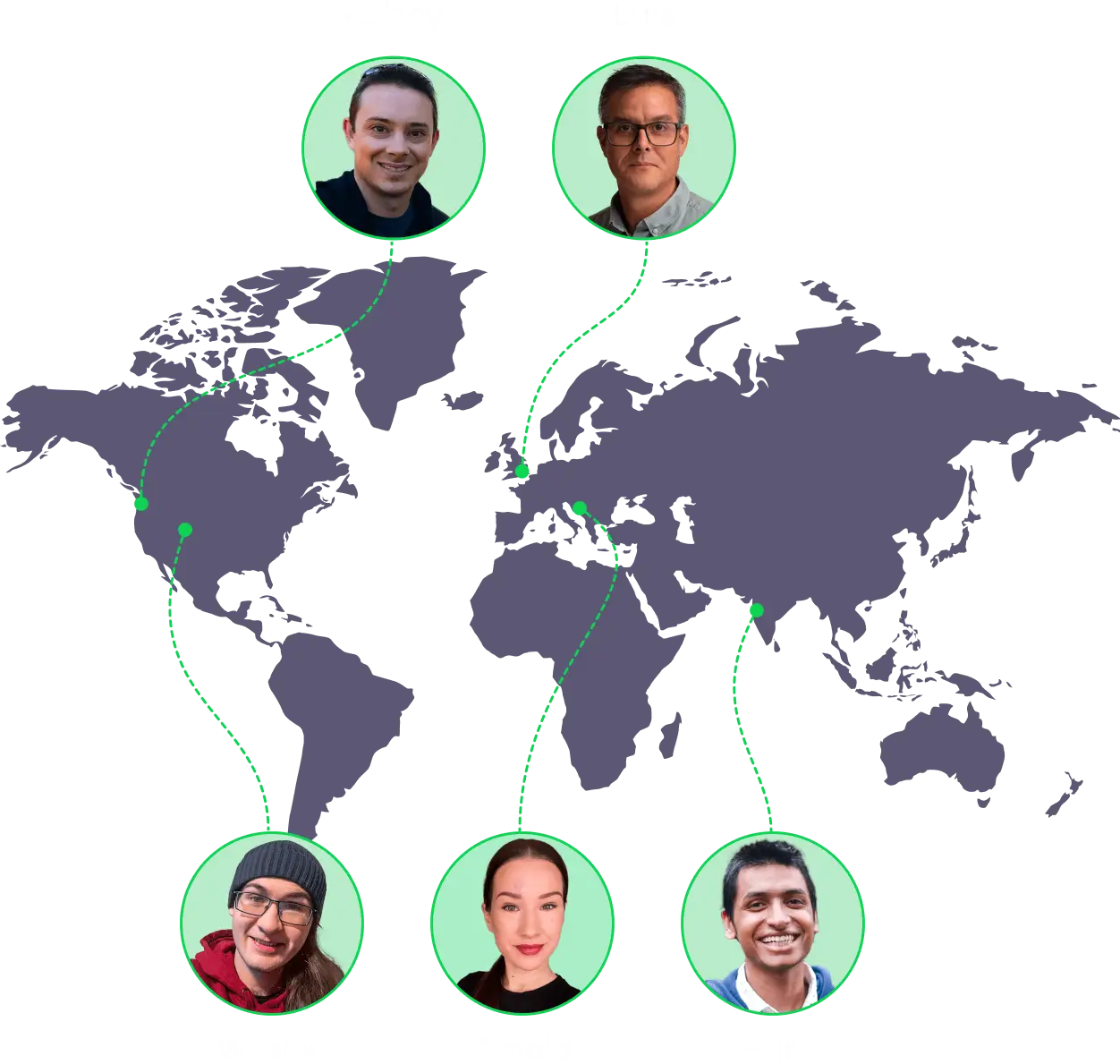 a map of the world, showing the locations of Geckoboard’s support team