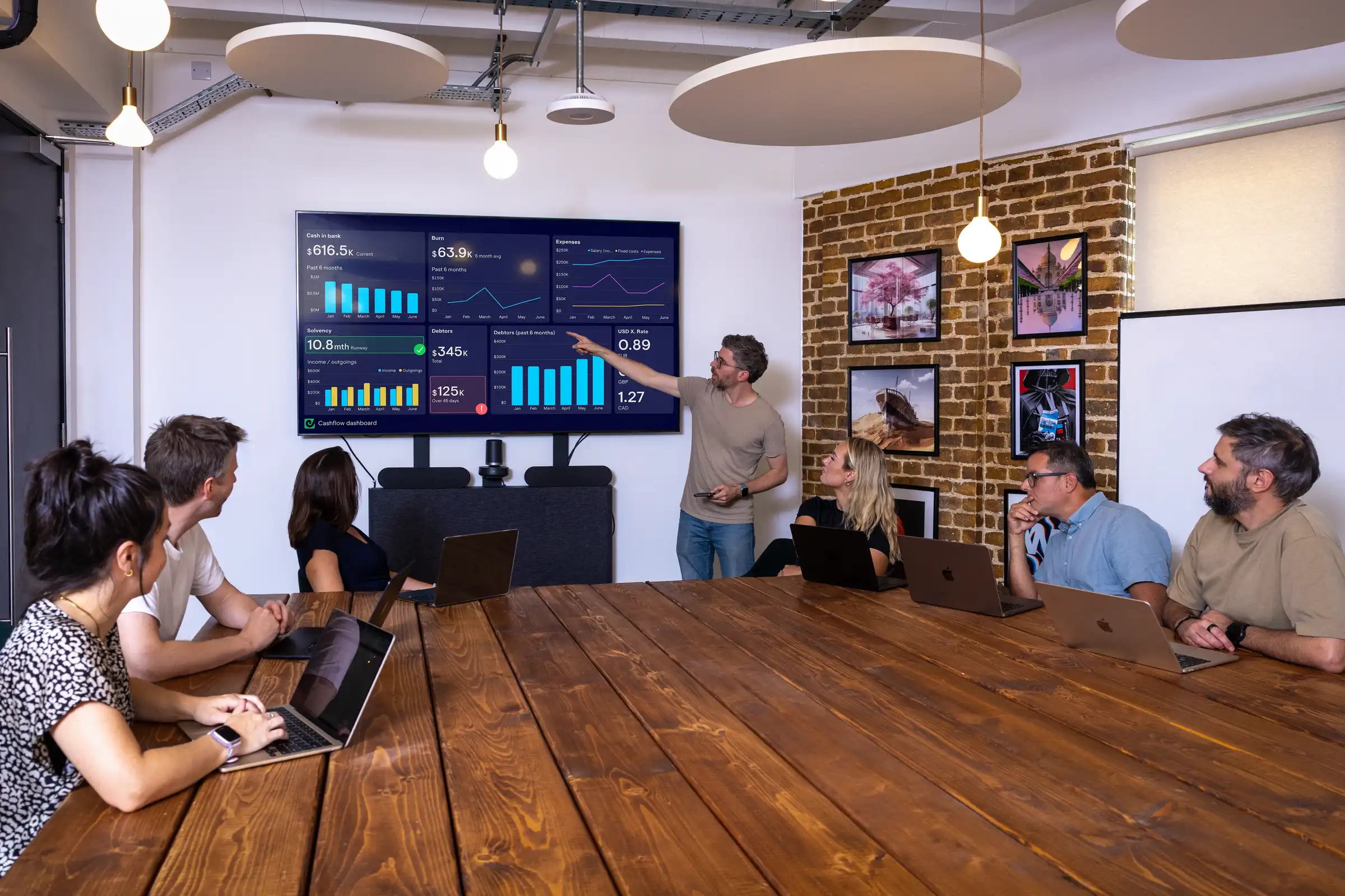 A support team viewing live customer service dashboards on office screens