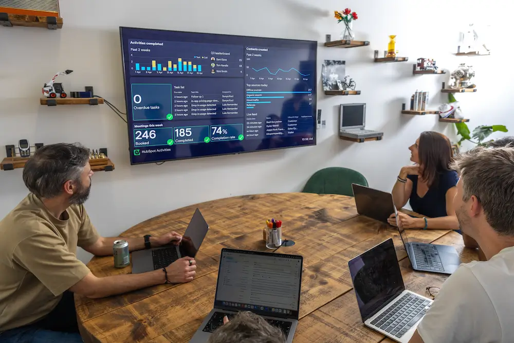 Four people in a meeting room viewing HubSpot activities on a TV dashboard