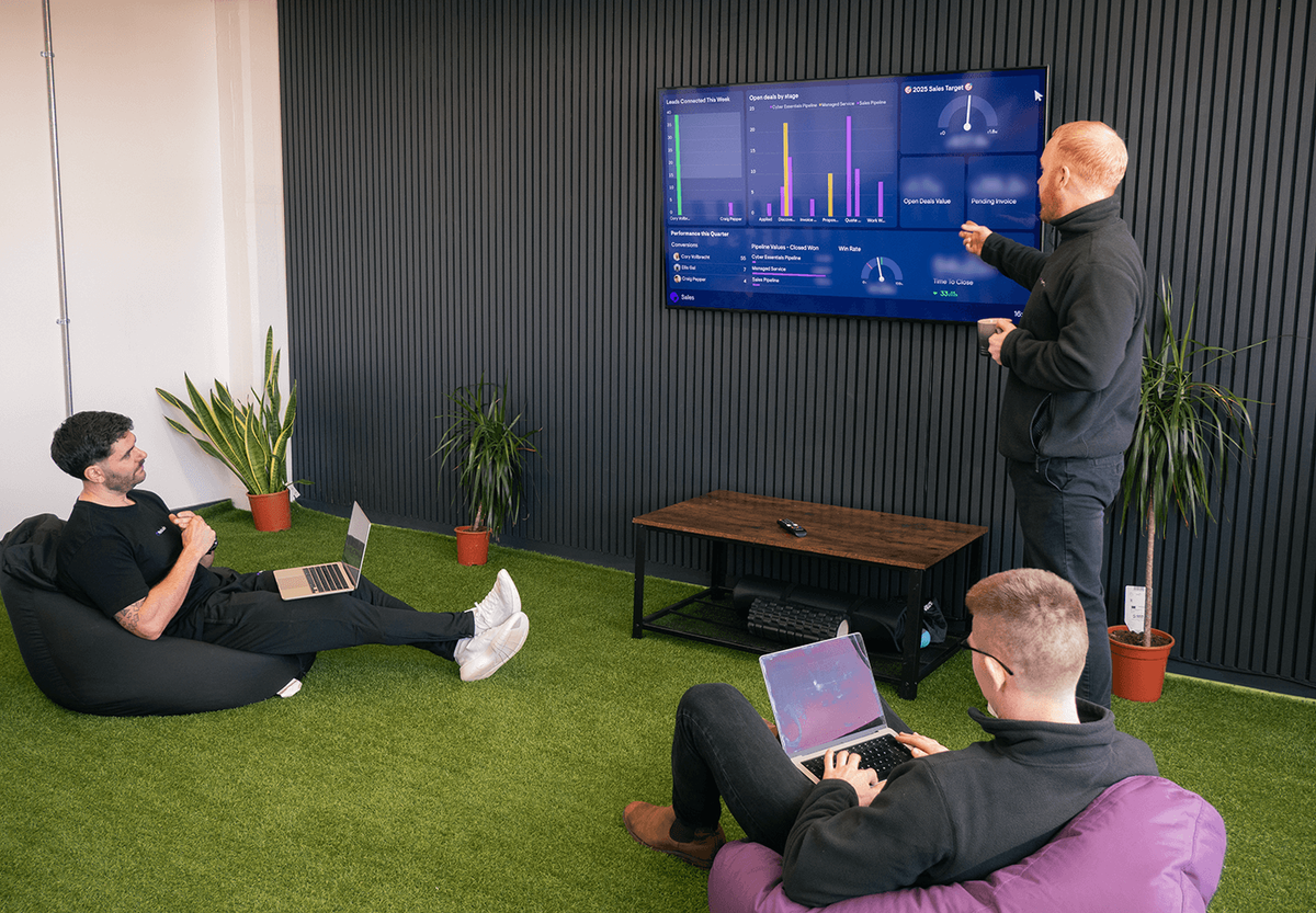 Cory Vollbrecht presenting live Geckoboard dashboards on the office TV at Periculo