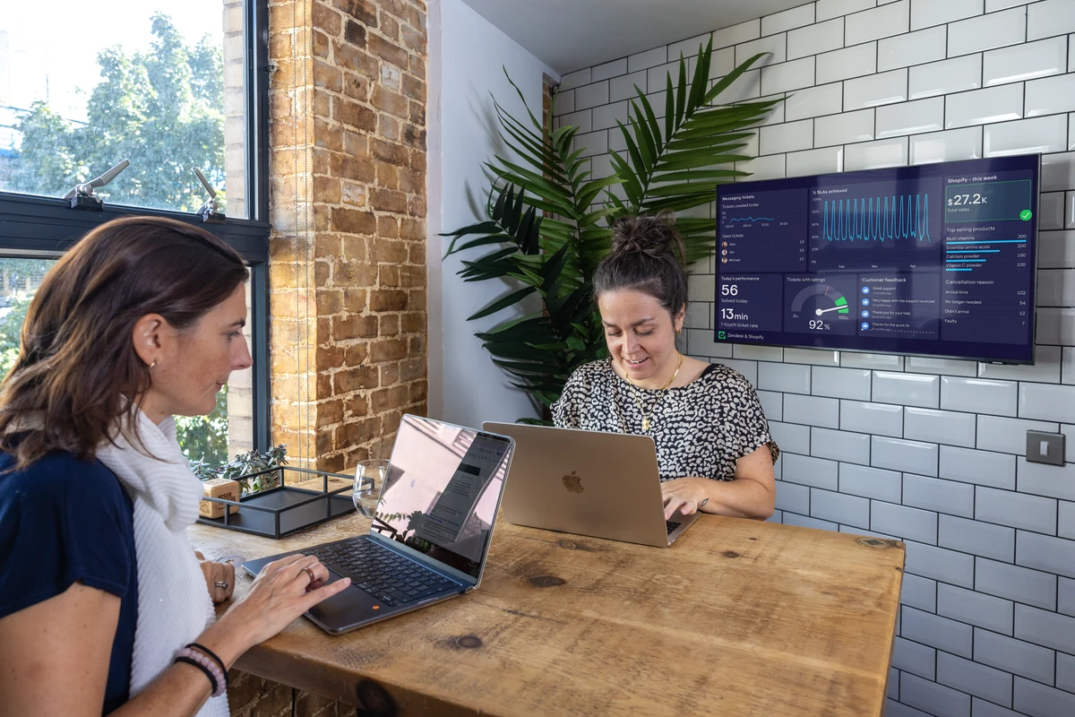 A team in a meeting room reviewing live customer service performance data on a TV